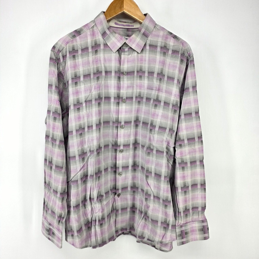 Tommy Bahama Shirt Mens XL Purple Gray Plaid Long Sleeve Button Down Casual Top